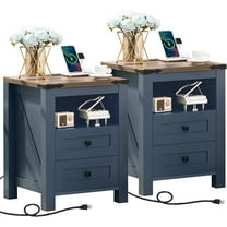 Joaxswe Nightstands Set of 2 with Charging Station, Farmhouse End Table with 2 Drawers Farmhouse Side Table with 3-tier Storage for Living Room, Blue