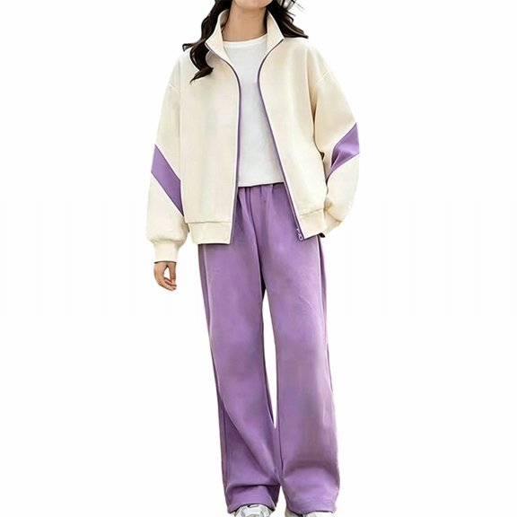 Boys Girls 2 Pcs Sweatsuit Set - Color Block Zip Up Jacket and Baggy Pants Tracksuit, Kids Casual Activewear for School and Daily Wear