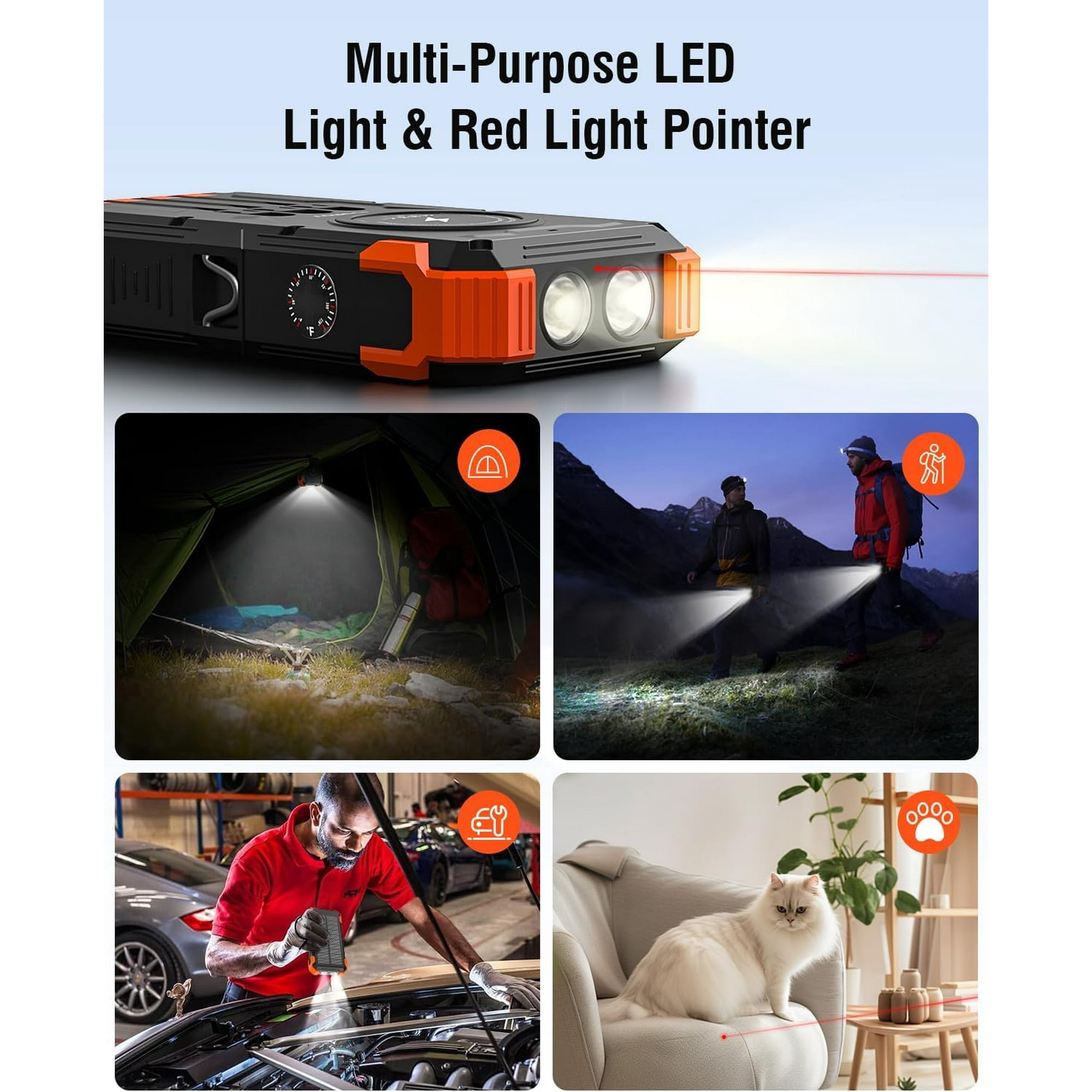 42800mAh Solar Charger Power Bank with 4 Cables, 15W Fast Charging Portable Charger for Cell Phone, Wireless Charger Solar Battery Pack with Dual Flashlights, Carabiner