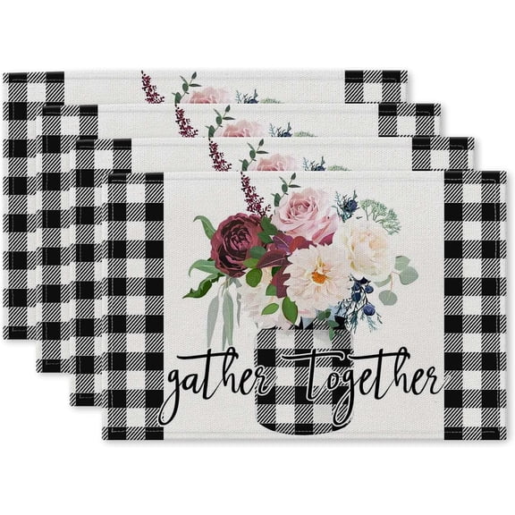 Placemats Set of 4,Floral Buffalo Plaid,Washable Burlap Heat Resistant Cloth Place mat for Dinning Table,Farmhouse,Outdoor,18X12 Inch