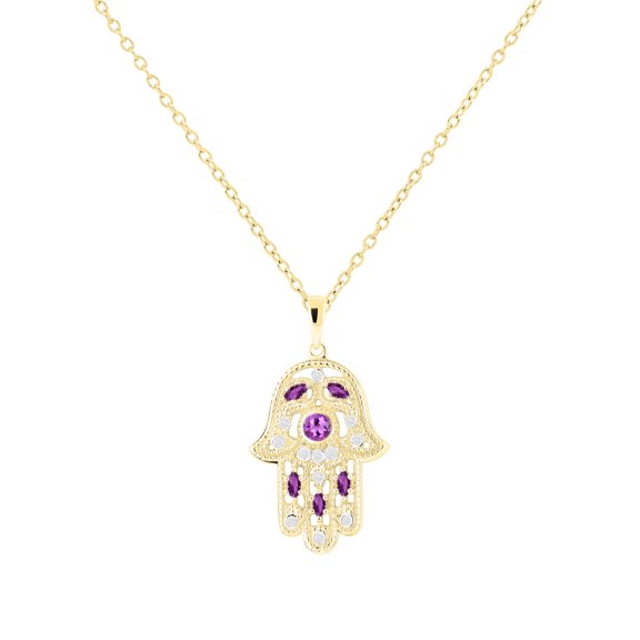 Dazzlingrock Collection Round & Marquise Amethyst & Round White Diamond Hamsa Hand of Fatima Pendant for Women with Gold Chain (0.09 ctw, Color I-J, Clarity I1-I2) in 14K Yellow Gold