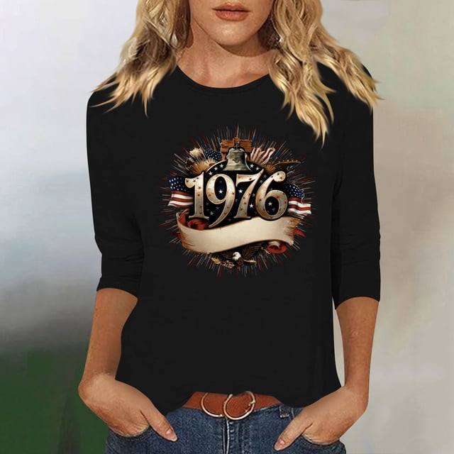 Uootdi Hauts pour Femmes Manches 3/4 Col Rond Imprimé Palmier Coucher de Soleil 1976 Coupe Décontractée Rétro Plage Vacances T-Shirts Cadeau