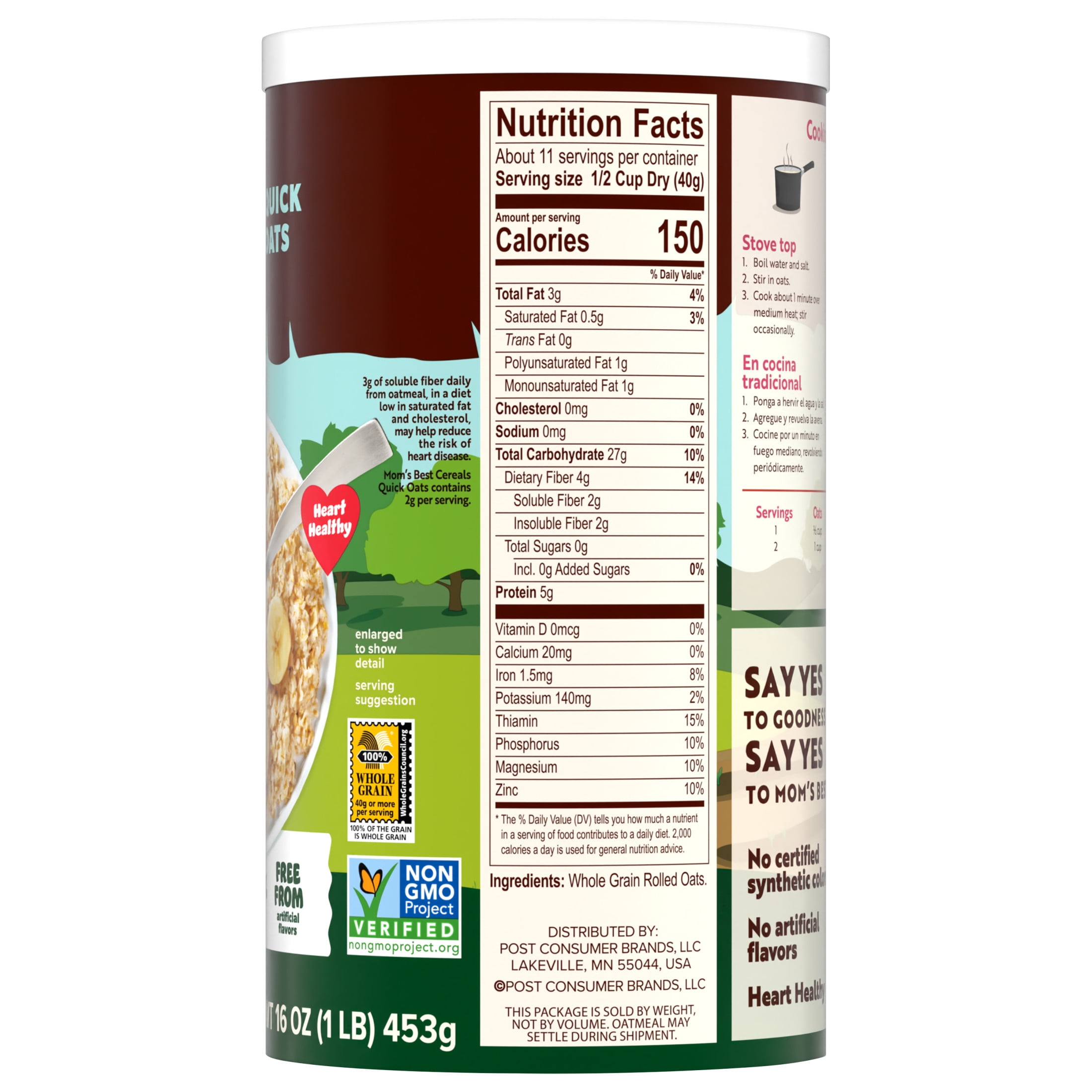 Mom's Best Quick Whole Grain Oats, Quick Rolled Oats, Hearty 16 oz Tube