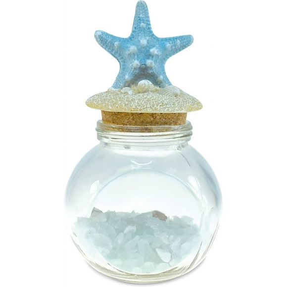 Puzzled COTA Global Turquoise Starfish Nautical Glass Bottle with Crystal Rocks and Shells - Decorative Bottle with Seashells, Starfish, and Crystal Rocks, Glass Jar for Beach Home Decor