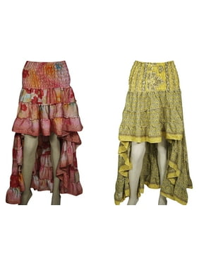 Mogul Peasant 2pc Hi Low Skirt Recycled Vintage Sari Gypsy Fashion Long Skirt Ruffle Flirty Flare Summer Skirts S/M