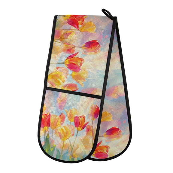 35" x7" Double Oven Mitt Heat Resistant Oven Gloves Withstands Up to 200°C for Kitchen Baking & BBQ Vibrant Colorful Tulips