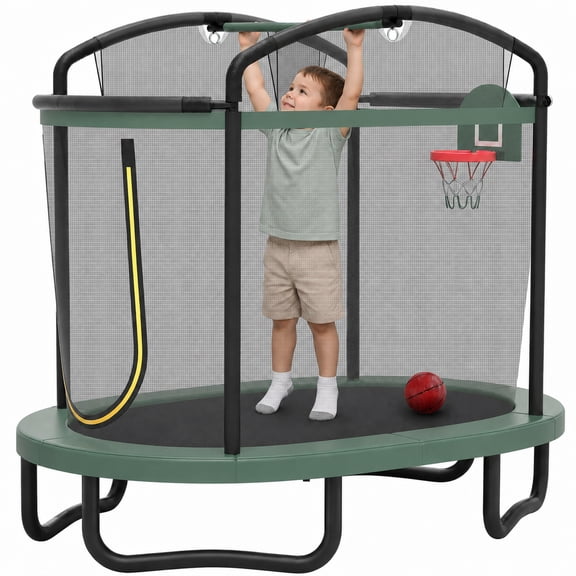 72" Toddler Trampoline with Safety Enclosure Net, Conchico Oval Indoor Kids Trampoline with Gym Bar, Basketball Hoop, Mini Trampoline for Kids, Small Trampoline with Net, Green