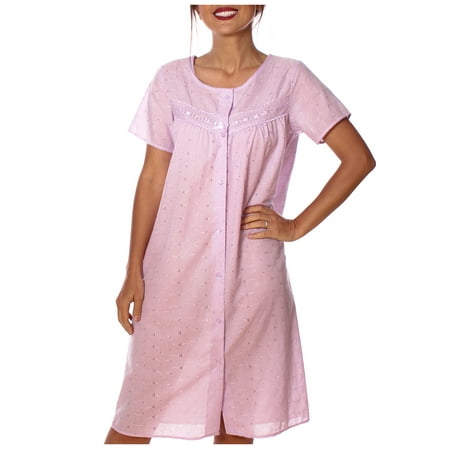 

Women s Floral Cap Sleeves Embroidery Button Eyelet Style Nightgown House Dress Large Lilac
