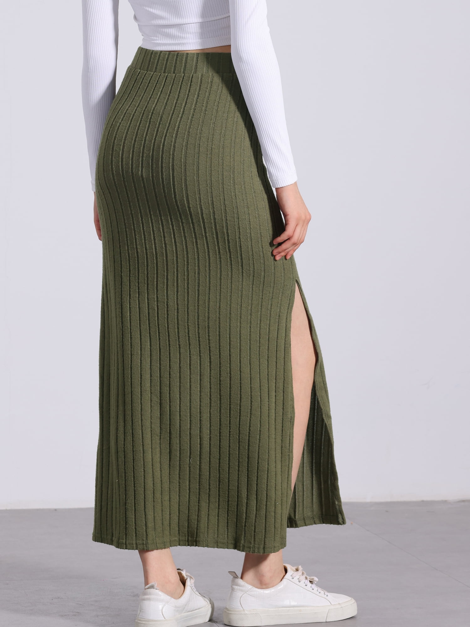 DARING DIVA Women's High Waisted Long Skirt Slit Bodycon Knit Pencil Skirt S Army Green