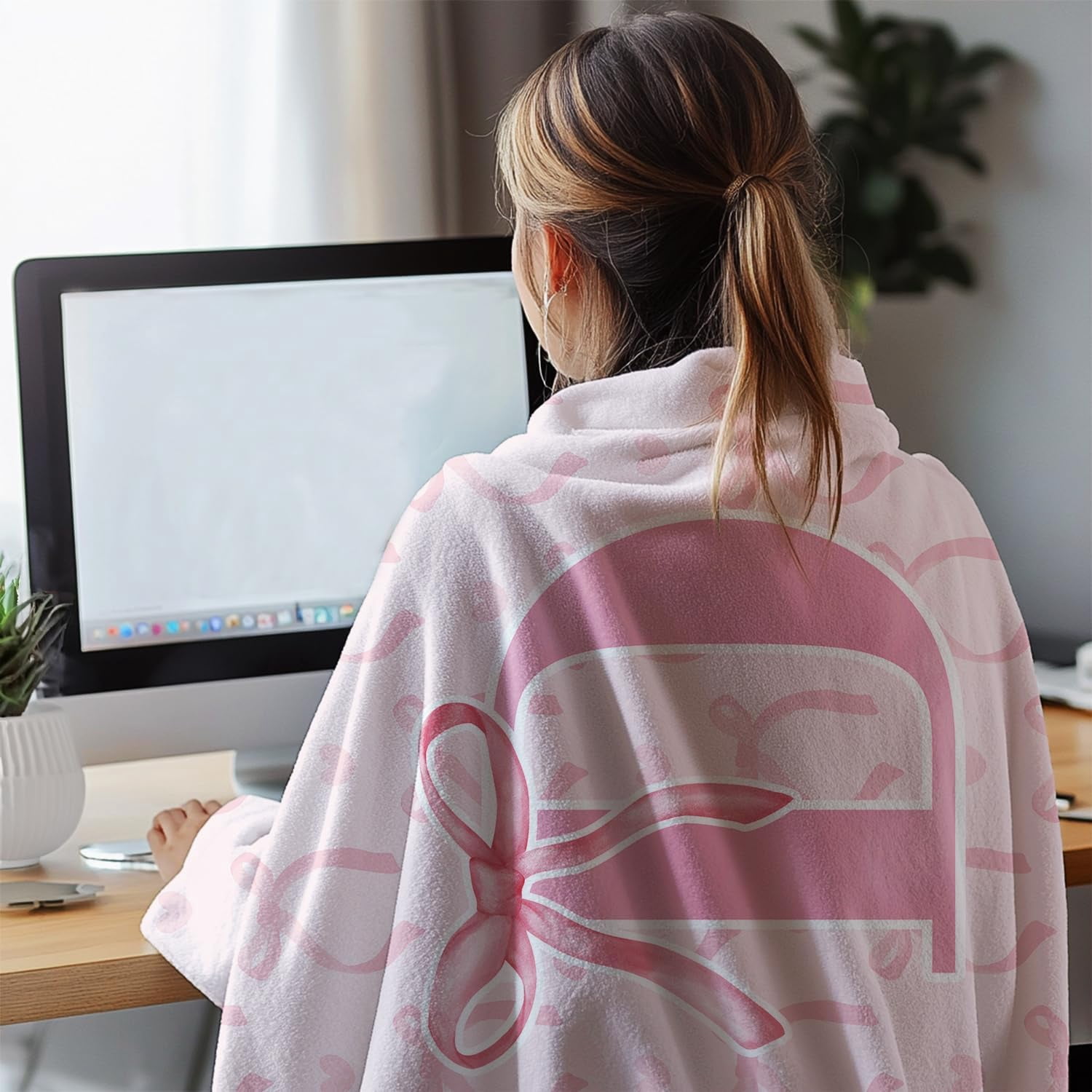 Coquette Pink Bow Throw Blanket, Personalized Initial Alphabet Fluffy Cozy Flannel Blanket, Monogrammed Gifts for Women, Unique Customized Blanket for Her Girls Christmas Birthday