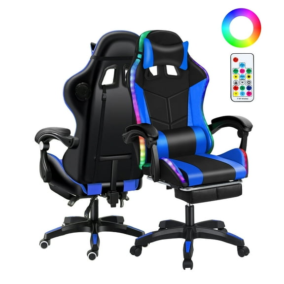 Gaming Chair with Bluetooth Speakers and LED Lights Ergonomic Massage Video Game Chair with Footrest High Back with Lumbar Support Blue and Black