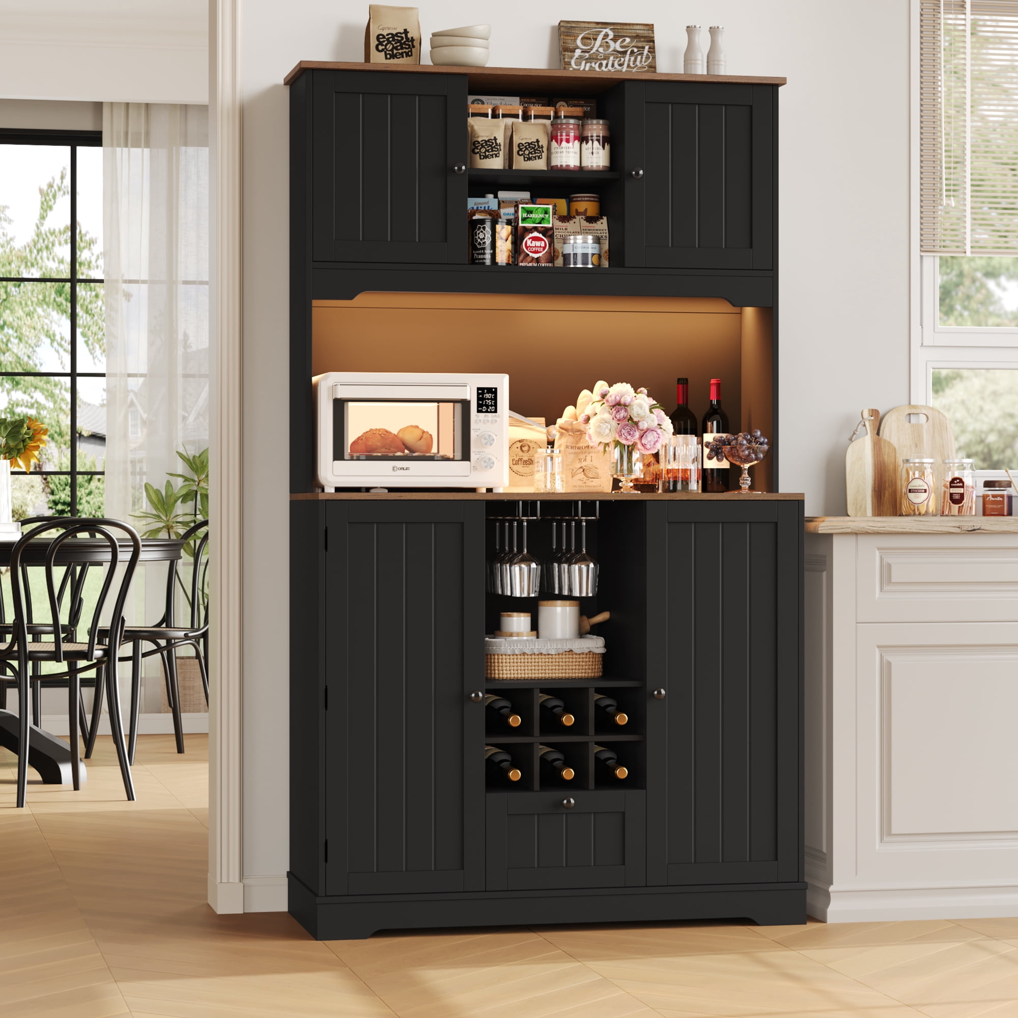 Homfa 71.3'' Kitchen Pantry Storage Cabinet with Charging Station, LED Light Kitchen Hutch Cabinet with Doors and Shelves and Wine Holder, Black