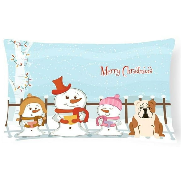 Merry Christmas Carolers English Bulldog Fawn White Canvas Fabric Decorative Pillow