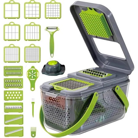 22-in-1 Vegetable Slicer Cutter Machine with Colander Basket, Multifunctional Durable Chopper for Fruits, Garlic, Zoodles, Cheese, Salad Prep, Easy-to-Clean Kitchen Gadget, High-Quality BPA-Free