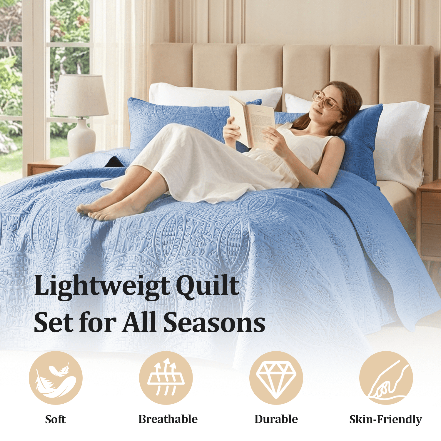 Flymme King/Cal King Quilt Bedding Sets,Soft Lightweight Blue Bedspread with Pillow Sham,Modern Blanket Thin Comforter Bed Cover for All Season