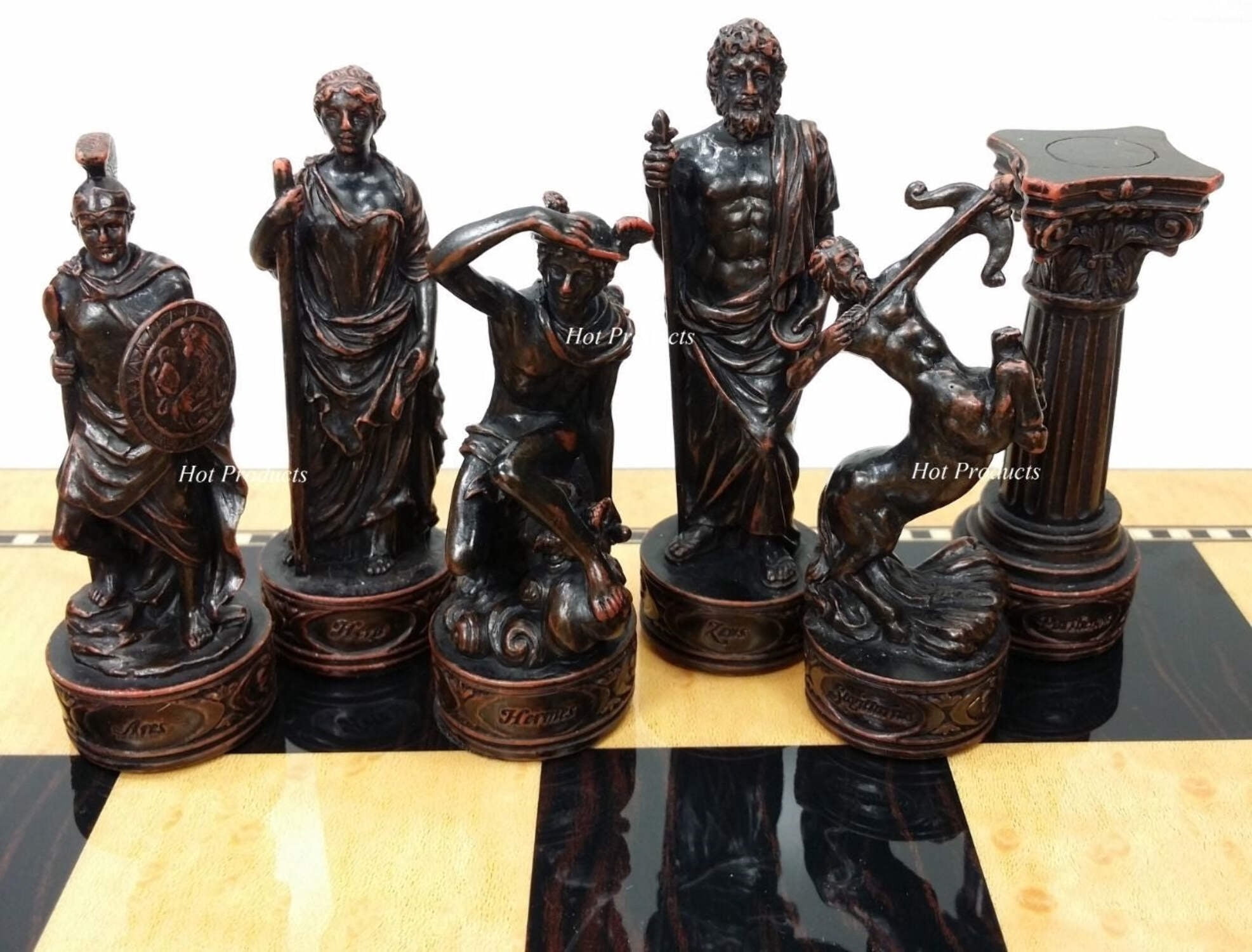 Greek Roman Gods Mythology Chess Set W/ 17" Walnut  Maple Color Storage Board