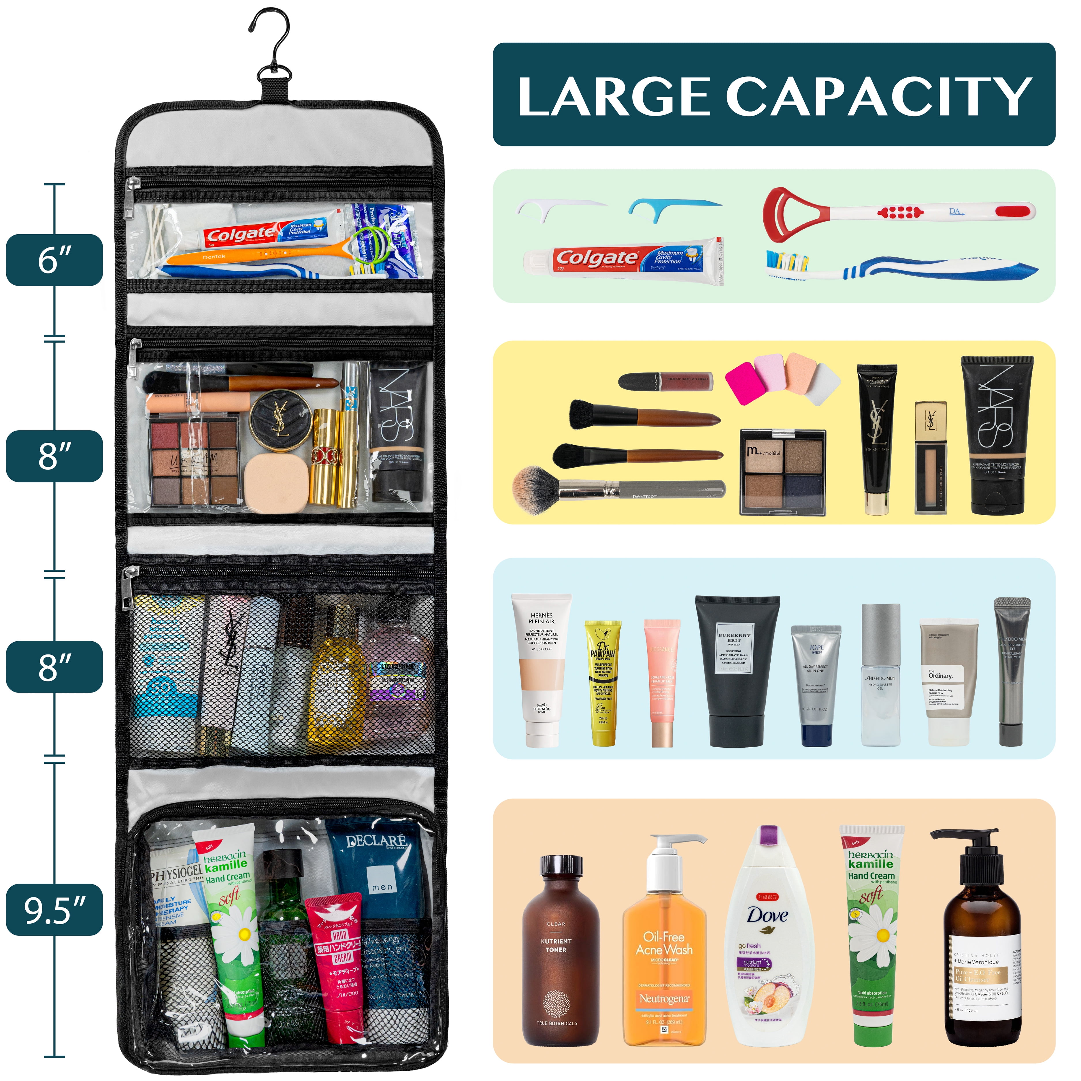 PAVILIA Travel Hanging Toiletry Bag for Women Men, Large Capacity Makeup Bag Kit, Waterproof Cosmetic Storage Organizer Case for Bathroom Shower, Black