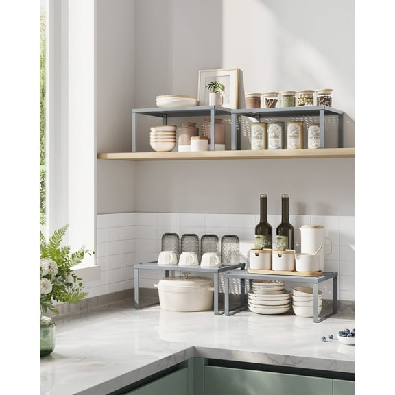 Set of 4 Expandable Stackable Metal Spice Racks, Cabinet & Countertop Shelf Organizers, Silver Kitchen Shelf Risers