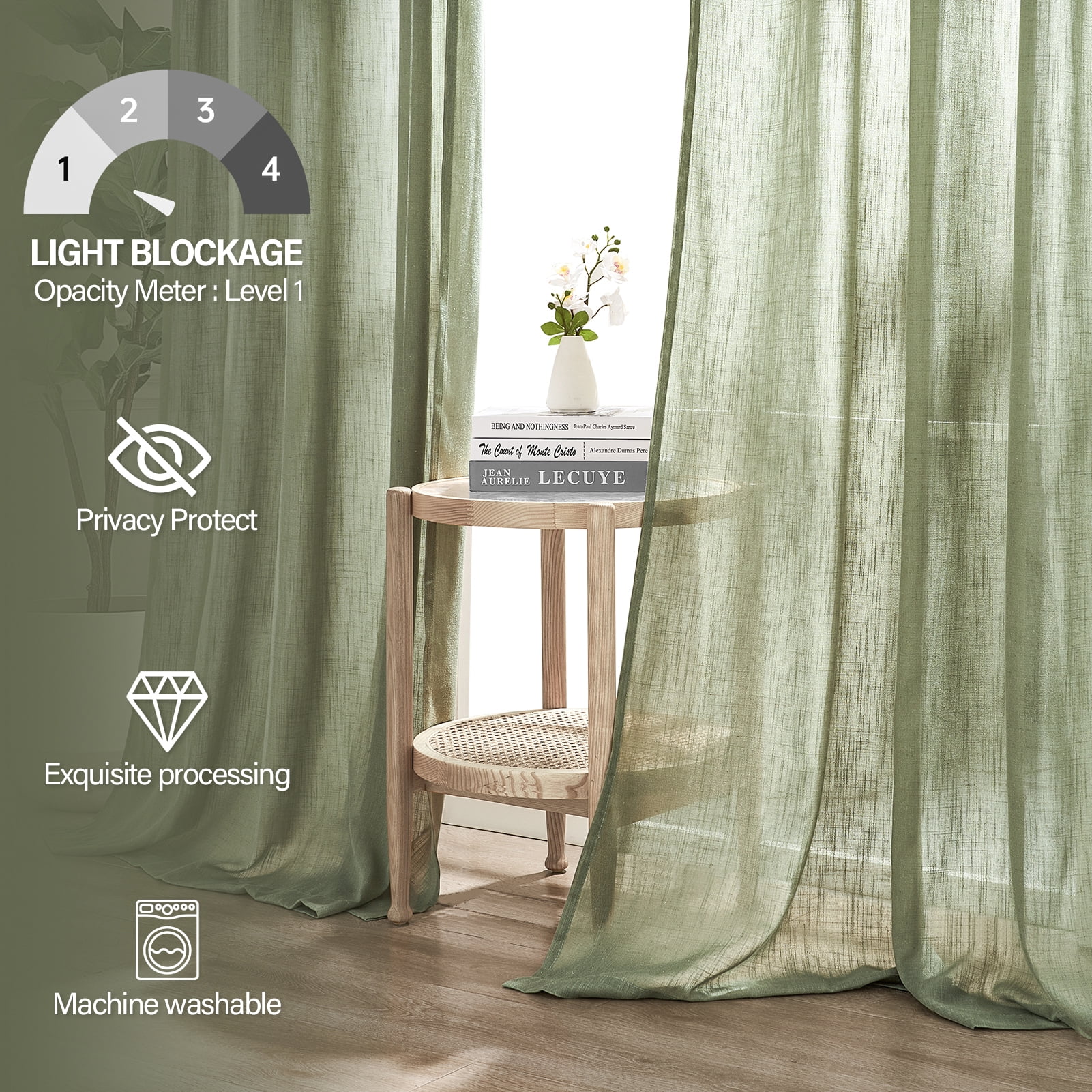 Topfinel Linen Curtains 90 Inch Long for Bedroom Living Room, Soft Linen Textured Window Drapes Semi Sheer Light Filtering Rod Pocket Back Tab Drapes,SageGreen 2 Panels