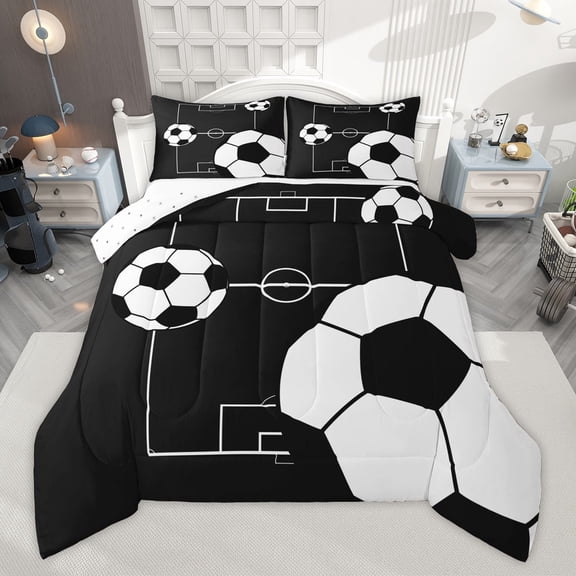 Manfei Soccer Ball Game 2pcs Bedding Comforter Set for Children Teens Boys,Sport Theme Twin Comforter Sets,Black White Breathable Bedding Set,Ultra Soft Home Decor,Reversible