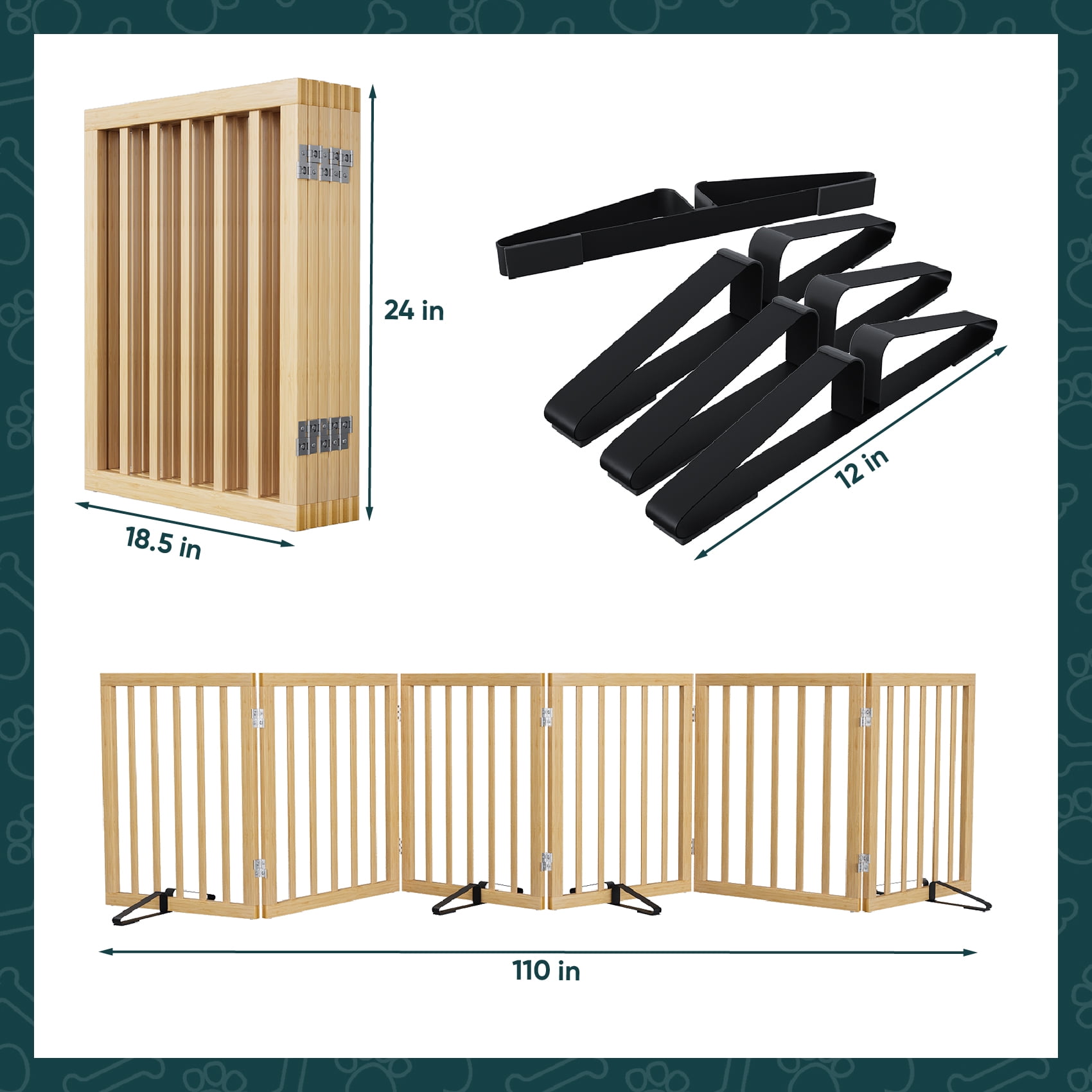 Smuxee Bamboo Freestanding Pet Gate Foldable Dog Gate with Support Feet, Natural, 6 Panel