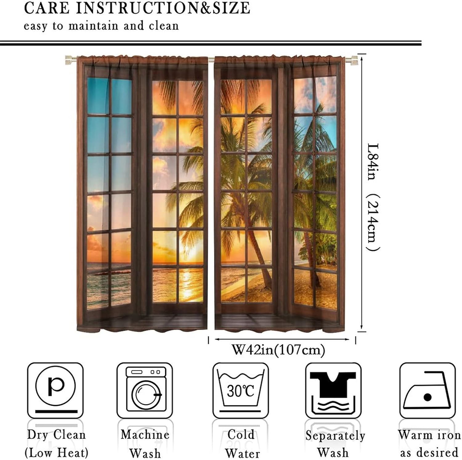 Landscape Curtains,Beach Sea Coconut Trees Natural Landscape Rustic Window Curtains Bedroom Living Room Kitchen Cafe 84x84in
