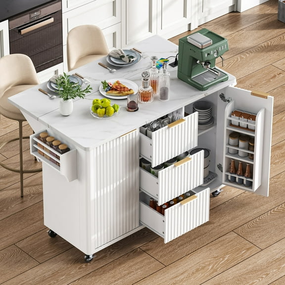 55.5" Fluted Kitchen Island with Drop Leaf, Power Outlet, Storage-6 Door Shelves, Adjustable Shelves, Faux Marble Top, Curved Edge for Dining Room