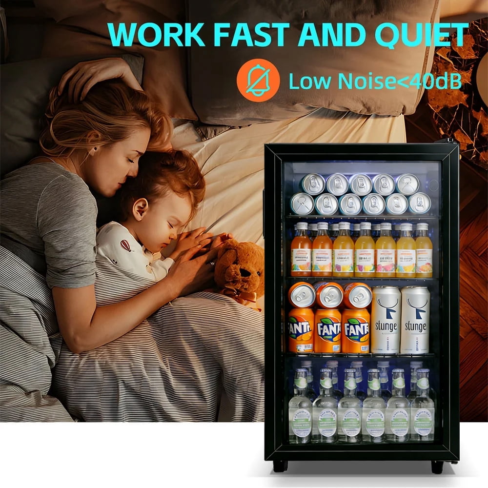JIEJIA Beverage Refrigerators 120-Can Small Mini Fridge Glass Door, Removable Shelves for Soda Beer or Wine, 3.5 Cu.ft