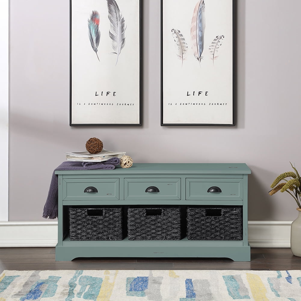 Lowestbest Home Collection Storage Cabinet, Solid Wood Storage Bench with 3 Drawers and 3 Woven Baskets Lowestbest Home Collection Storage Cabinet, Solid Wood Storage Bench with 3 Drawers and 3 Woven Baskets