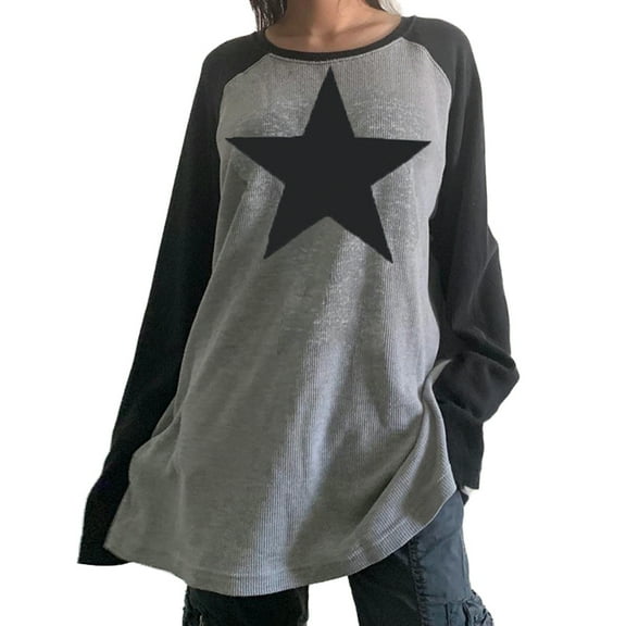 Women Vintage Graphic Crop Top Y2K Star Print Long Sleeve Tee Letter Ribbed Fairy Grunge Slim Shirt 90s Streetwear