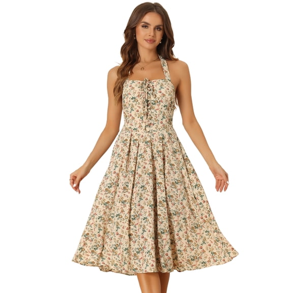 DARING DIVA Women's Halter Sleeveless Lace Up Floral Midi Dresses XS Beige