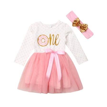 

XBTCLXEBCO Newborn Kid Baby Girls 1st/2nd/3rd Birthday Party Dress Sleeveless/Long Sleeve Donut Tulle Dress with Bowknot Headband Set
