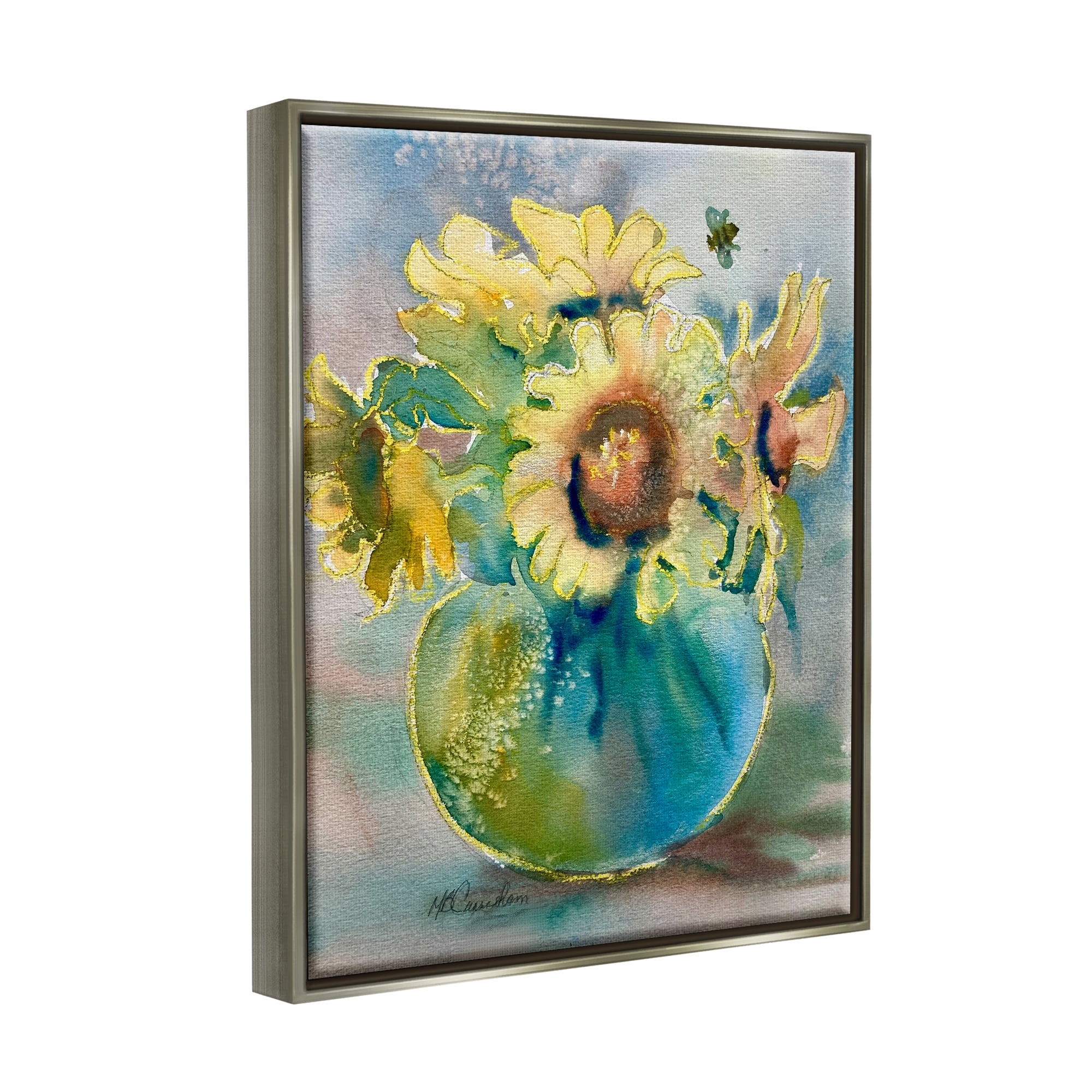 Stupell Industries Modern Yellow Daisies Botanical & Floral Painting Gray Floater Framed Art Print Wall Art, 17 x 21
