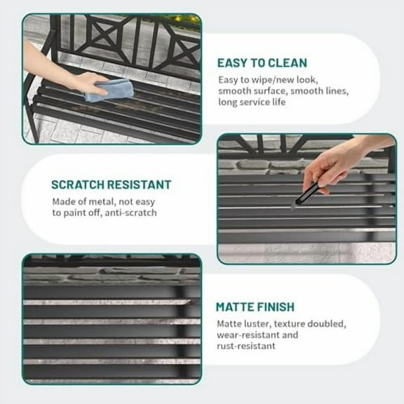 Metal Outdoor Bench, Weatherproof Garden Bench with Square Pattern Backrest and Armrests, for Patio, Porch, Park, Lawn