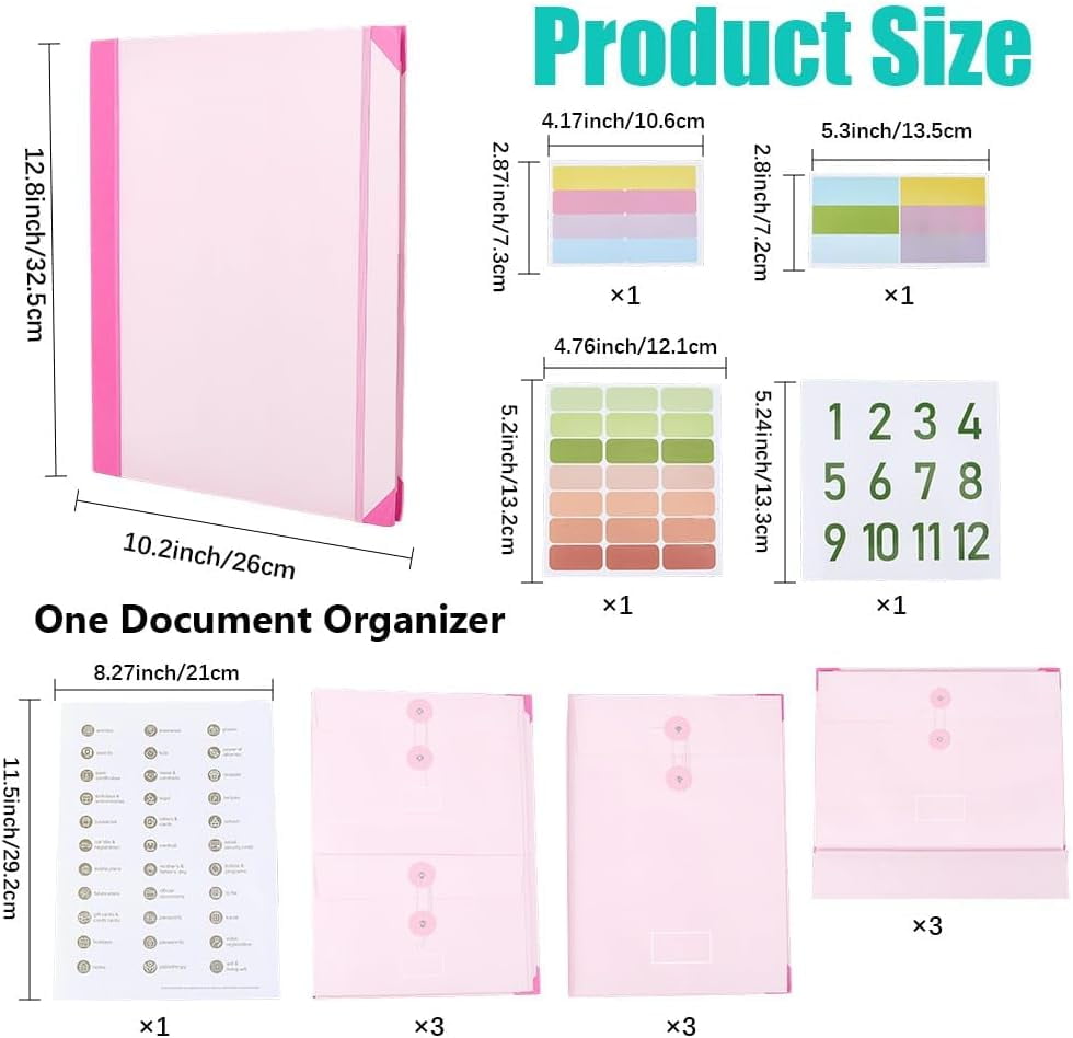 Folio Document Holder Accordion File Folder in Case I Go Missing Binder Pink Expandable Paper File Pockets Bags with Stickers for Social Security Cards Letters Important Certificates for DIY