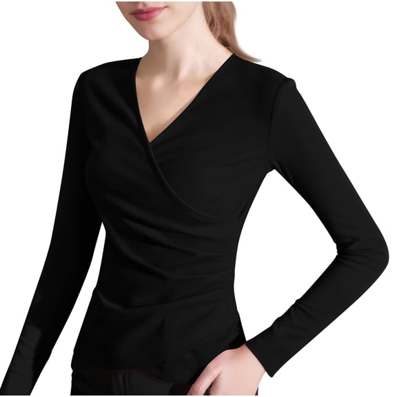 Women's Surplice V Neck Side Ruched Long Sleeve Tops Slim Fitted Basic Layering Casual Shirts