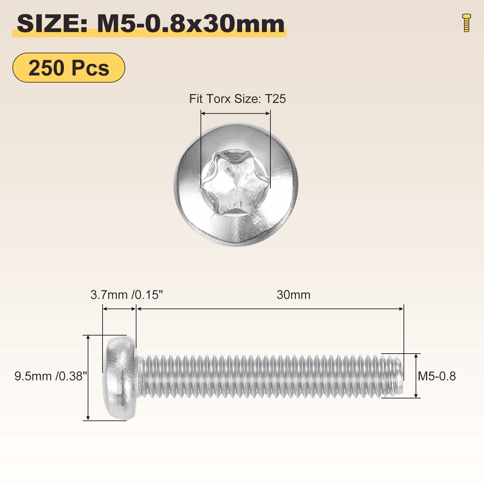 Pan Head Torx Security Screws Bolts (M5-0.8x30mm) 250Pcs, Button Torx Head Machine Screws 304 Stainless Steel - for Furniture Woodworking Project, Silver Tone