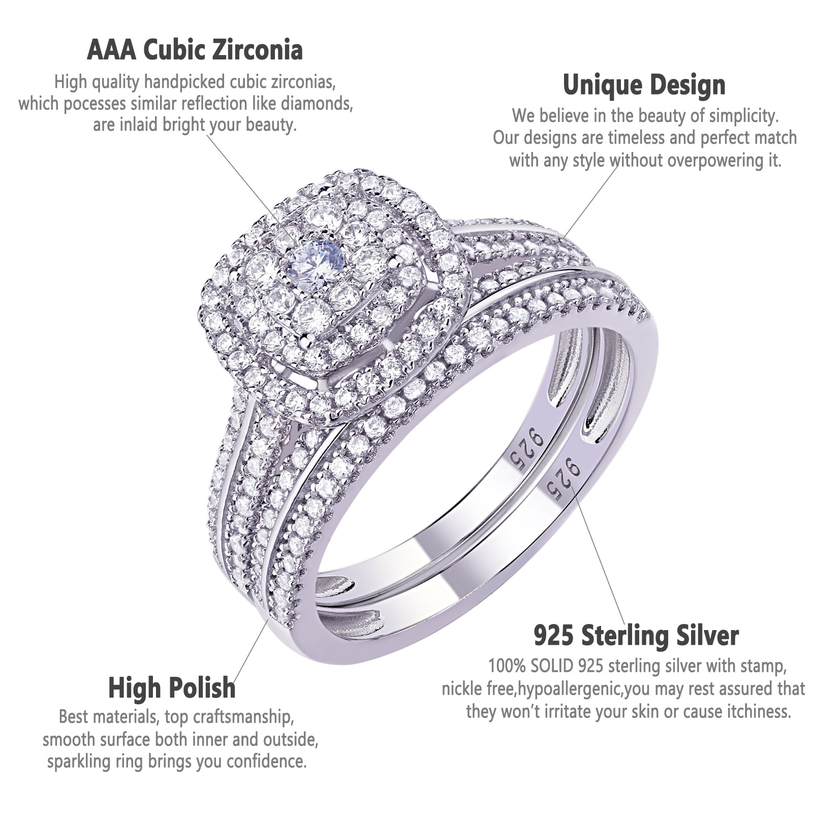 Newshe Engagement Rings for Women Wedding Ring Set 925 Sterling Silver Band Round Cz 1.6Ct Size 10