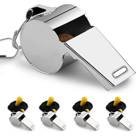 4 Pack Stainless Steel Sports Whistles with Lanyard - Loud Crisp Tone Whistles Ideal for Trainers, Referees, and Officials