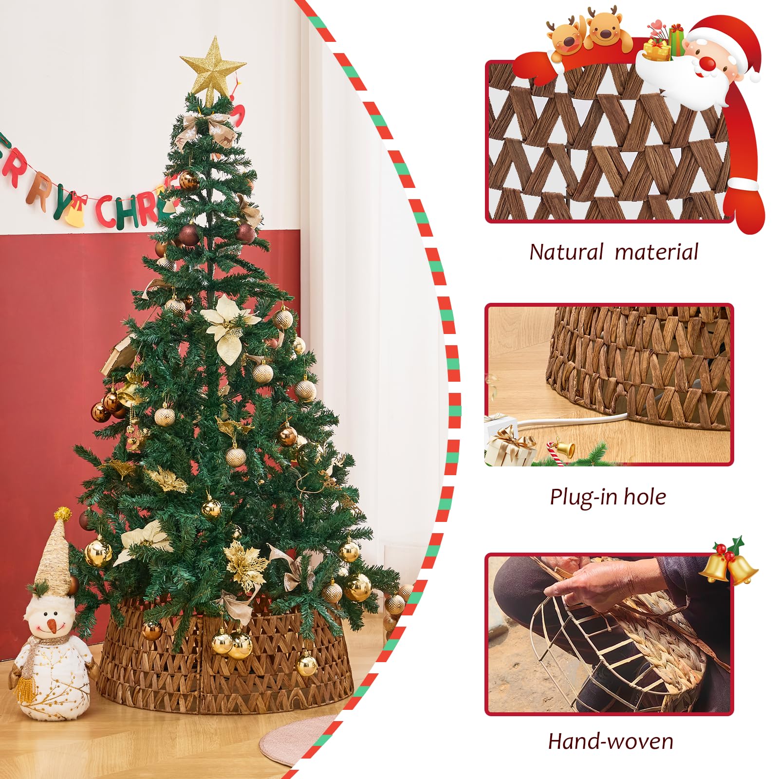 Hand-Woven Natural Water Hyacinth Christmas Tree Collar - Cord Cutout Design, Rustic Eco-Friendly Holiday Decor for Home