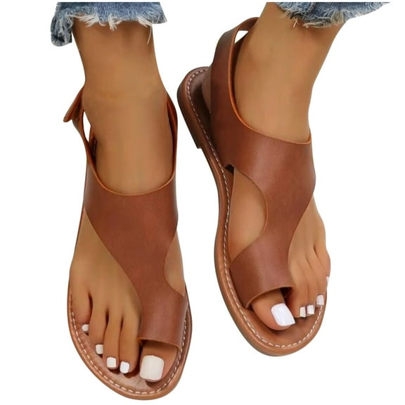 Xfvqtps Flat Sandals for Women Toe Ring Clip Toe Cut out Slingback Hook and Loop Strap Non Slip Lightweight Summer Leather Sandals Brown