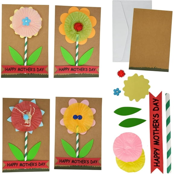 4E's Novelty 12 Pack DIY Mother's Day Card Craft Kit for Kids - Flower Greeting Card Making Set