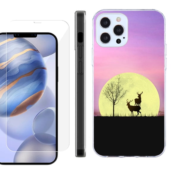 Slim Fit Protective Phone Case for Apple iPhone 12 / iPhone 12 Pro, with Tempered Glass Screen Protector, by OneToughShield ® - Moonlight Deer