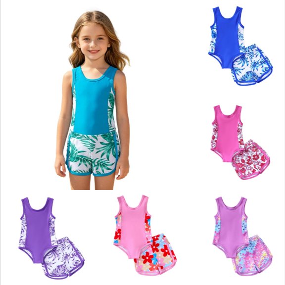 Krdevn Girls 2-Piece Tankini Swimsuit, Watercolor Leopard Print Sport Swimwear for Kids UPF 50 Bathing Suit with Shorts Size:1-2 Years