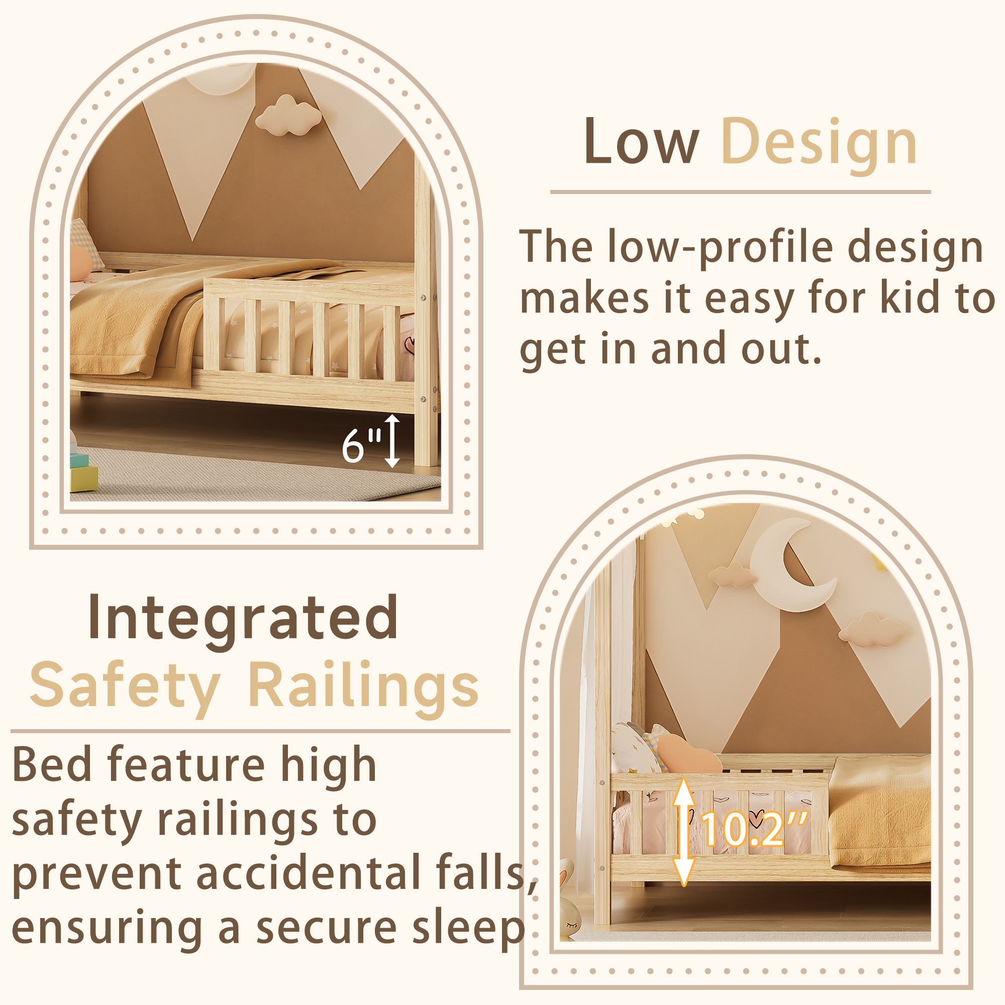 Mirightone Montessori Bed Twin, Toddler Floor Bed with Rails, Wood House Twin Canopy Bed Frame, Twin Bed Frame for Girls Boys, Natural
