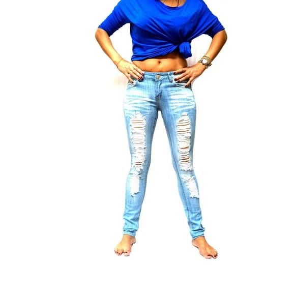 JACK DAVID Light Blue Womens Denim Stretch Jeans Destroy Skinny Leg Ripped Distressed Pants