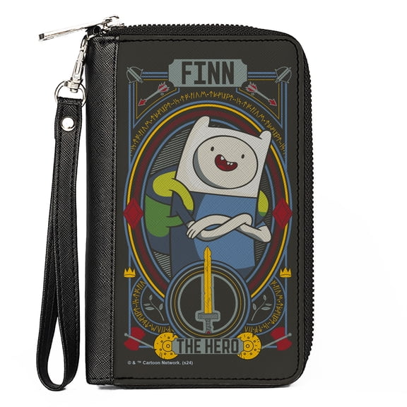 Cartoon Network Wallet, Zip Around, Adventure Time Finn the Hero Pose and Sword Icon Black/Multi, Vegan Leather
