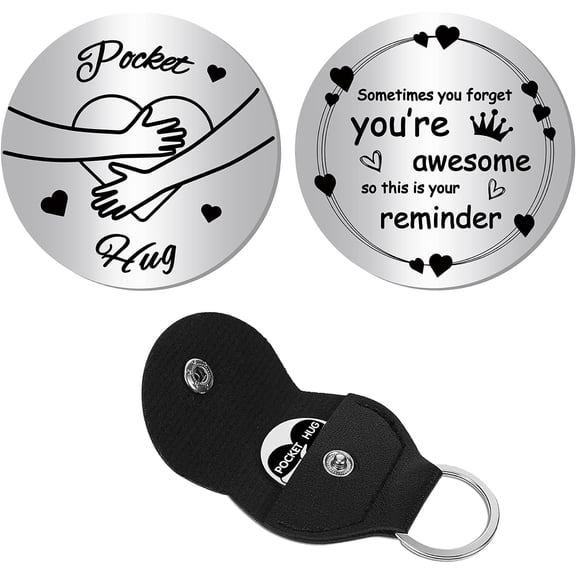 A Little Pocket Hug Long Distance Relationship Keepsake Coin Stainless Steel Double-Sided Inspirational Gift with Leather Keychain Keyring Holder Case for Daughter Graduation 1.2 x 1.2inch