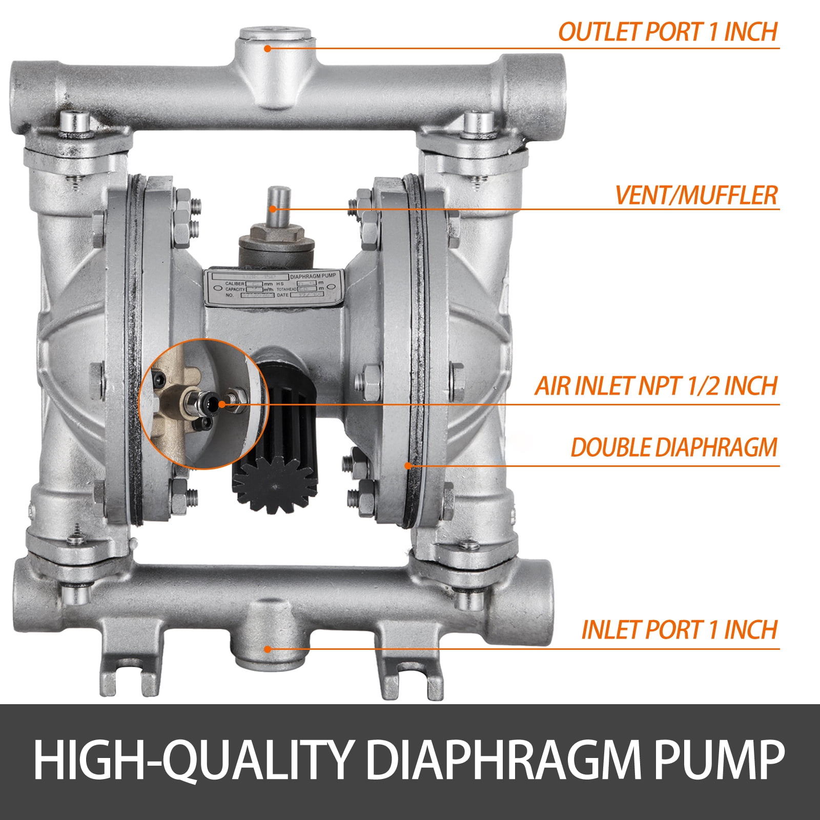 VEVOR Air-Operated Double Diaphragm Pump, 12 GPM, Max 115 PSI With 1/2  Inlet And Outlet, NPT1/4 inch Air Inlet, Corrosion-Proof Stainless Steel  Dual