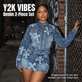 thumbnail image 3 of Women's 2 Piece Denim Outfits Y2K Cross Patchwork Zip Up Denim Jacket and Mini Skirt Set Streetwear Clubwear, 3 of 6
